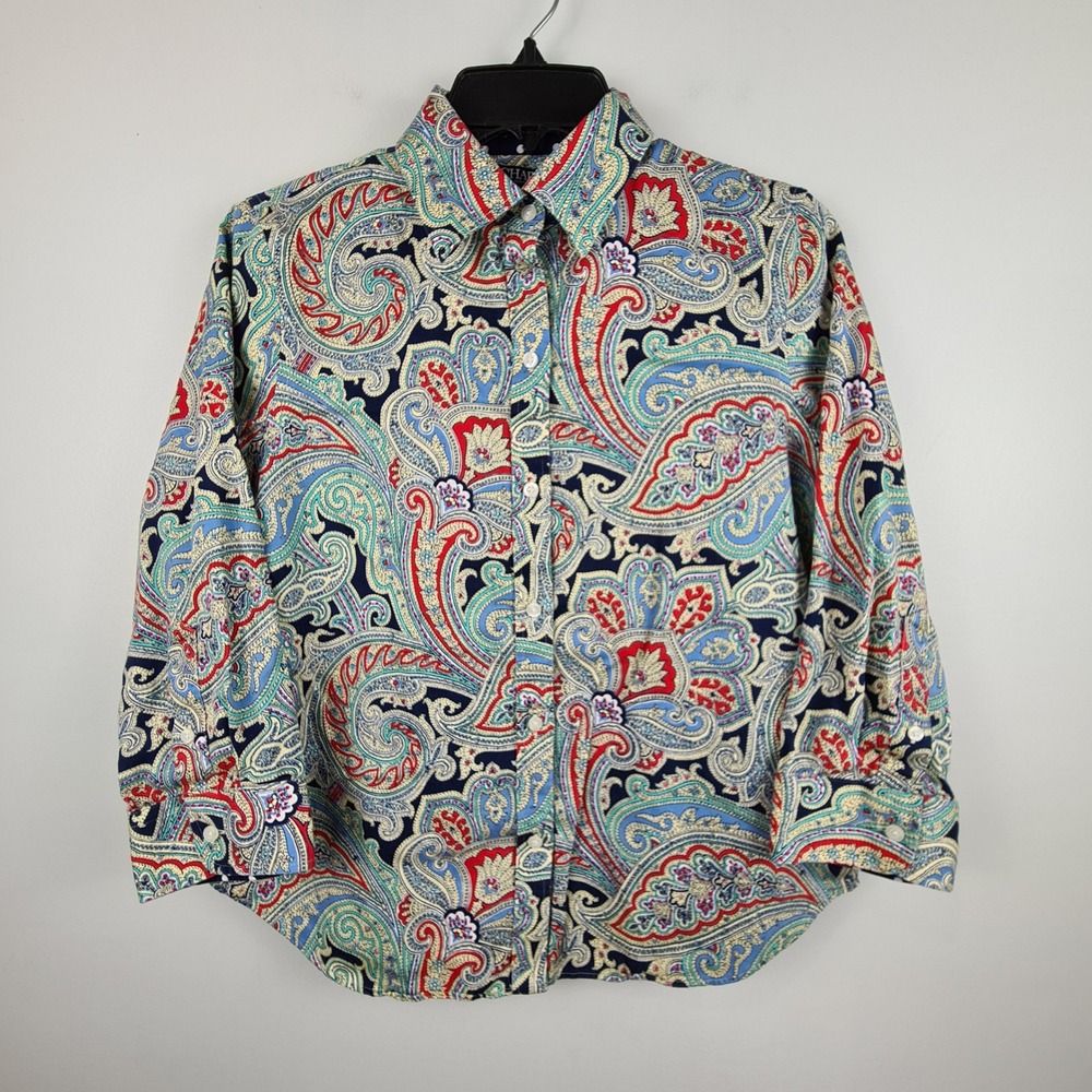Chaps Petite Medium No Iron 100% Cotton Paisley 3/4 Sleeve Button Front Shirt